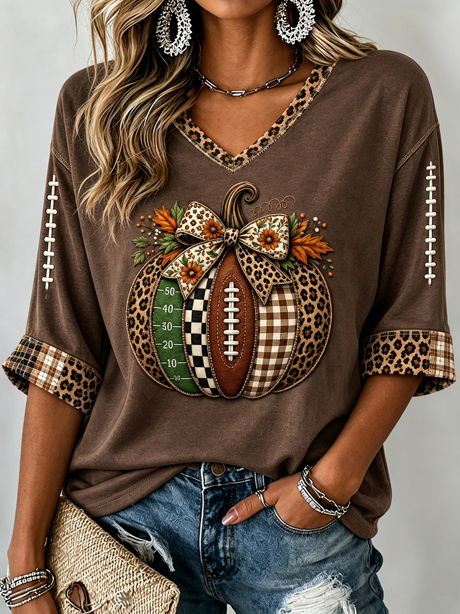 Women's Fall Football Pumpkin Print Mid-length Sleeves V-Neck T-Shirt