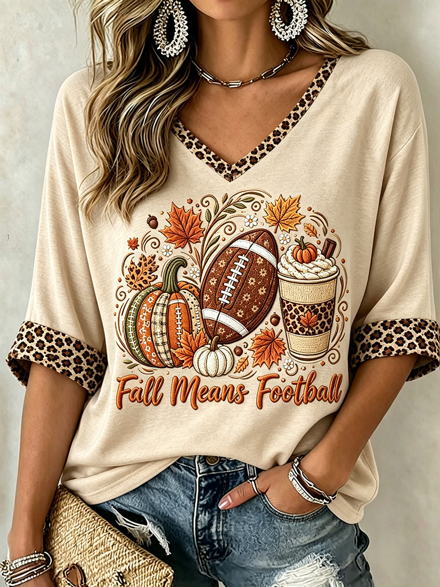 Women's Fall Means Football Leopard Print Mid-length Sleeves V-Neck T-Shirt