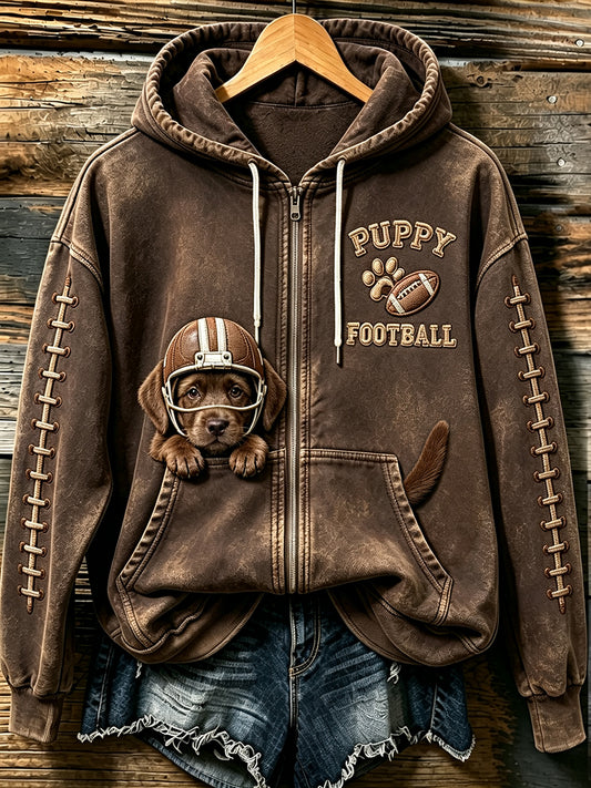 Women's Cute Football Labrador Retriever Print Comfy Zip-Up Hoodie