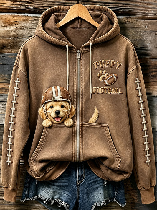 Women's Cute Football Golden Retriever Print Comfy Zip-Up Hoodie