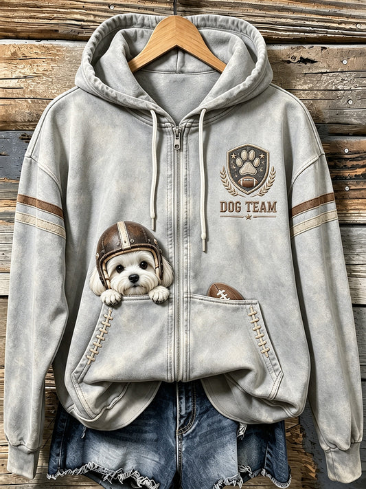 Women's Cute Football Maltese Print Comfy Zip-Up Hoodie