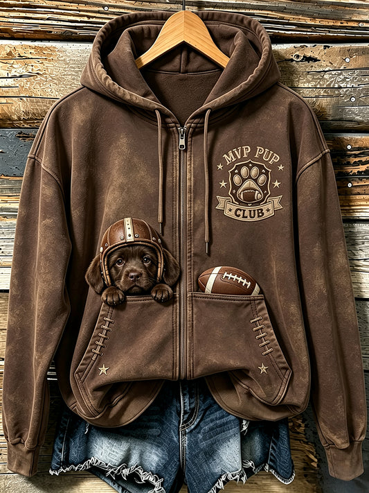 Women's Cute Football Labrador Retriever Print Comfy Zip-Up Hoodie