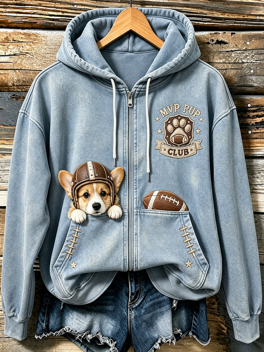 Women's Cute Football Corgi Print Comfy Zip-Up Hoodie