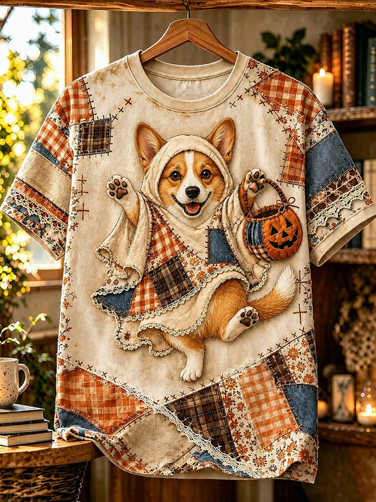 Women's Halloween Animal Dog Printed Vintage Fashion Loose Short Sleeve T-Shirt
