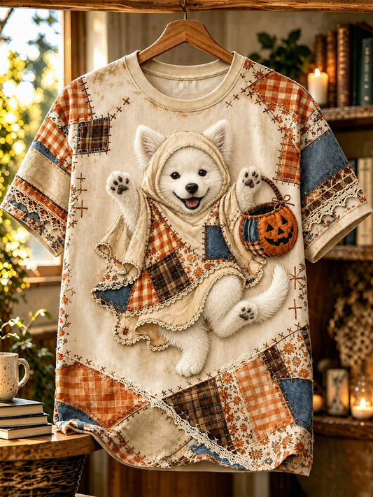 Women's Halloween Animal Dog Printed Vintage Fashion Loose Short Sleeve T-Shirt