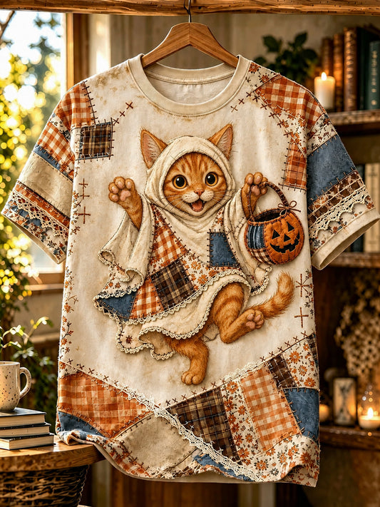 Women's Halloween Animal Cat Printed Vintage Fashion Loose Short Sleeve T-Shirt