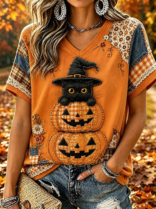 Women's Halloween Animal Cat Printed Vintage Fashion Loose Short Sleeve T-Shirt