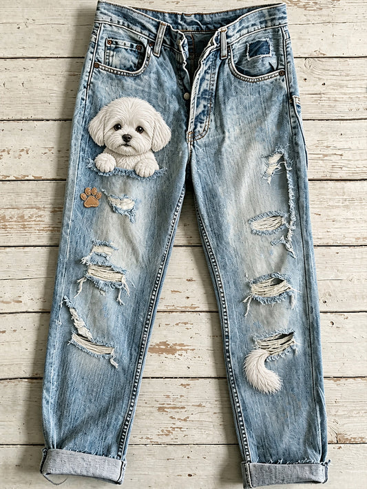 Women's Casual Jeans with Vintage Animal Art Print