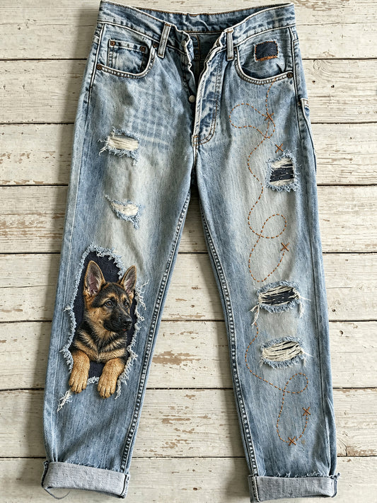 Women's Casual Jeans with Vintage Animal Art Print