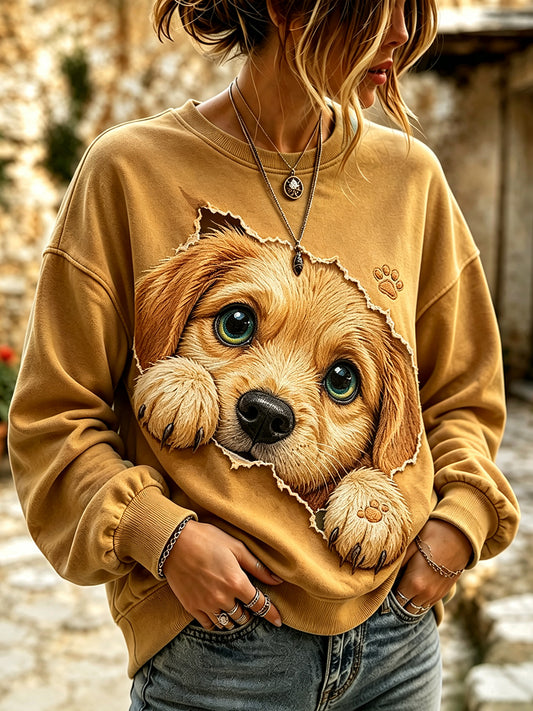 Women's Cute Peeking Golden Retriever Print Cozy Sweatshirt