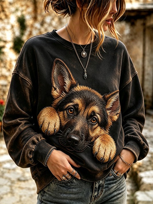 Women's Cute Peeking German Shepherd Print Cozy Sweatshirt