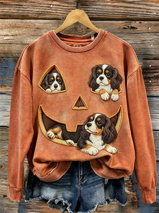 Women's Lovely Peeking King Charles Dogs Halloween Pumpkin Face Print Sweatshirt