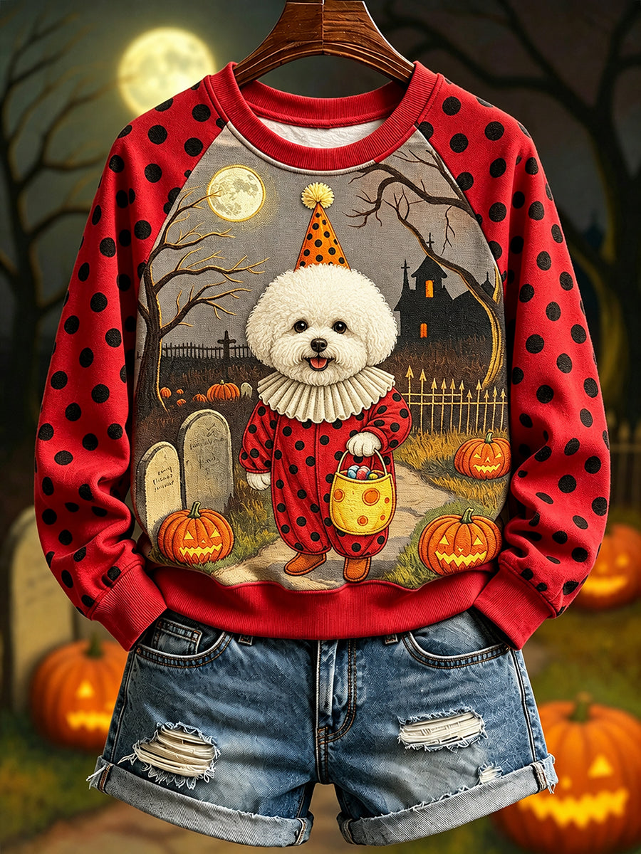 Women's Bichon Frise in Clown Costume for Halloween Raglan Sleeve Sweatshirt