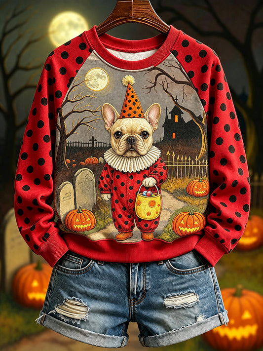 Women's French Bulldog in Clown Costume for Halloween Raglan Sleeve Sweatshirt