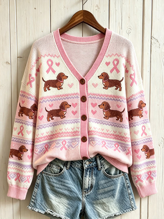 Women's cute dog and pink charity ribbon pattern printed casual cardigan