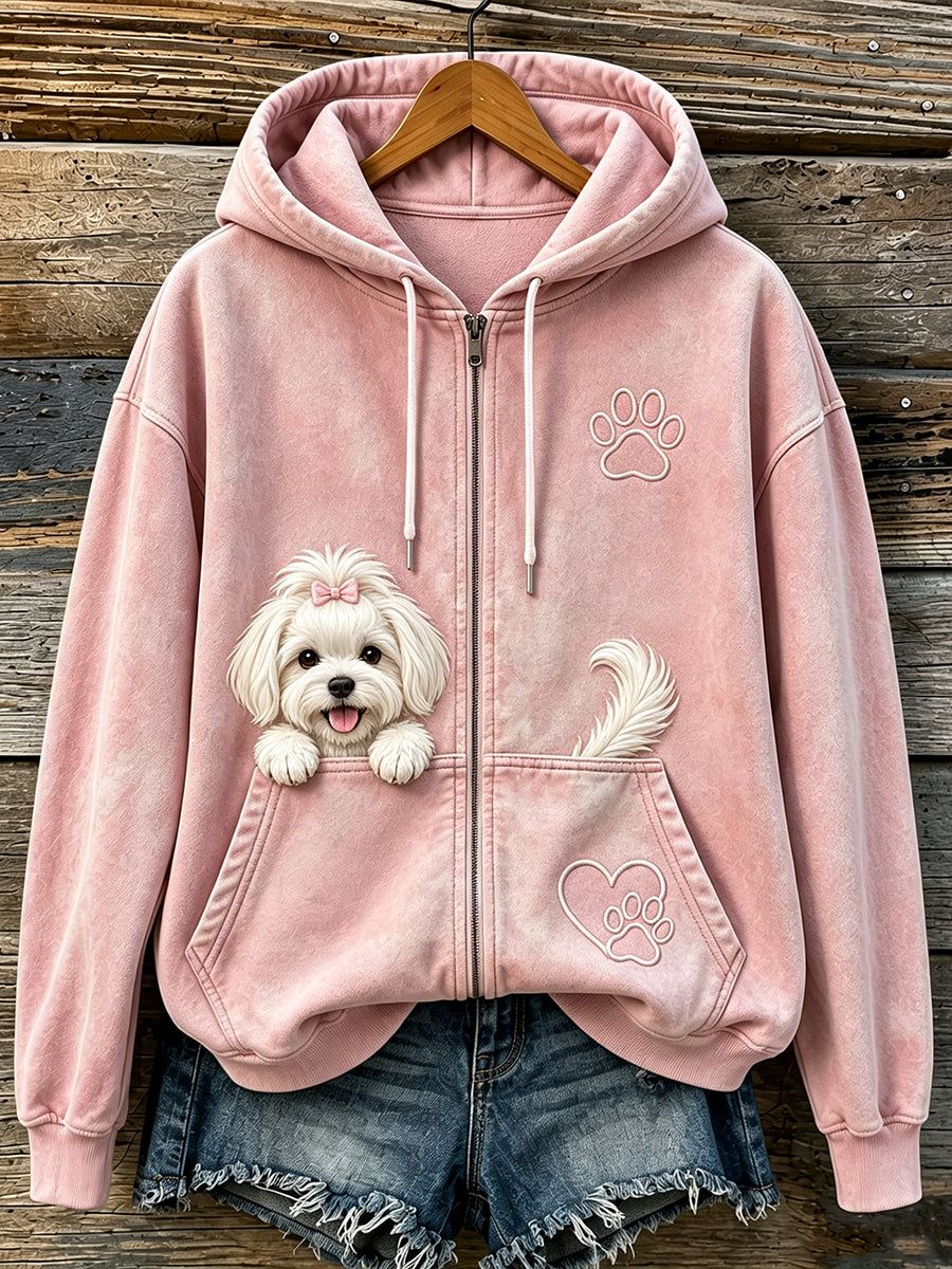 Women's Lovely Peeking Maltese & Paw Print Cozy Zip-Up Hoodie