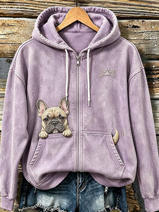 Women's Cute Peeking French Bulldog & Paw Print Cozy Zip-Up Hoodie