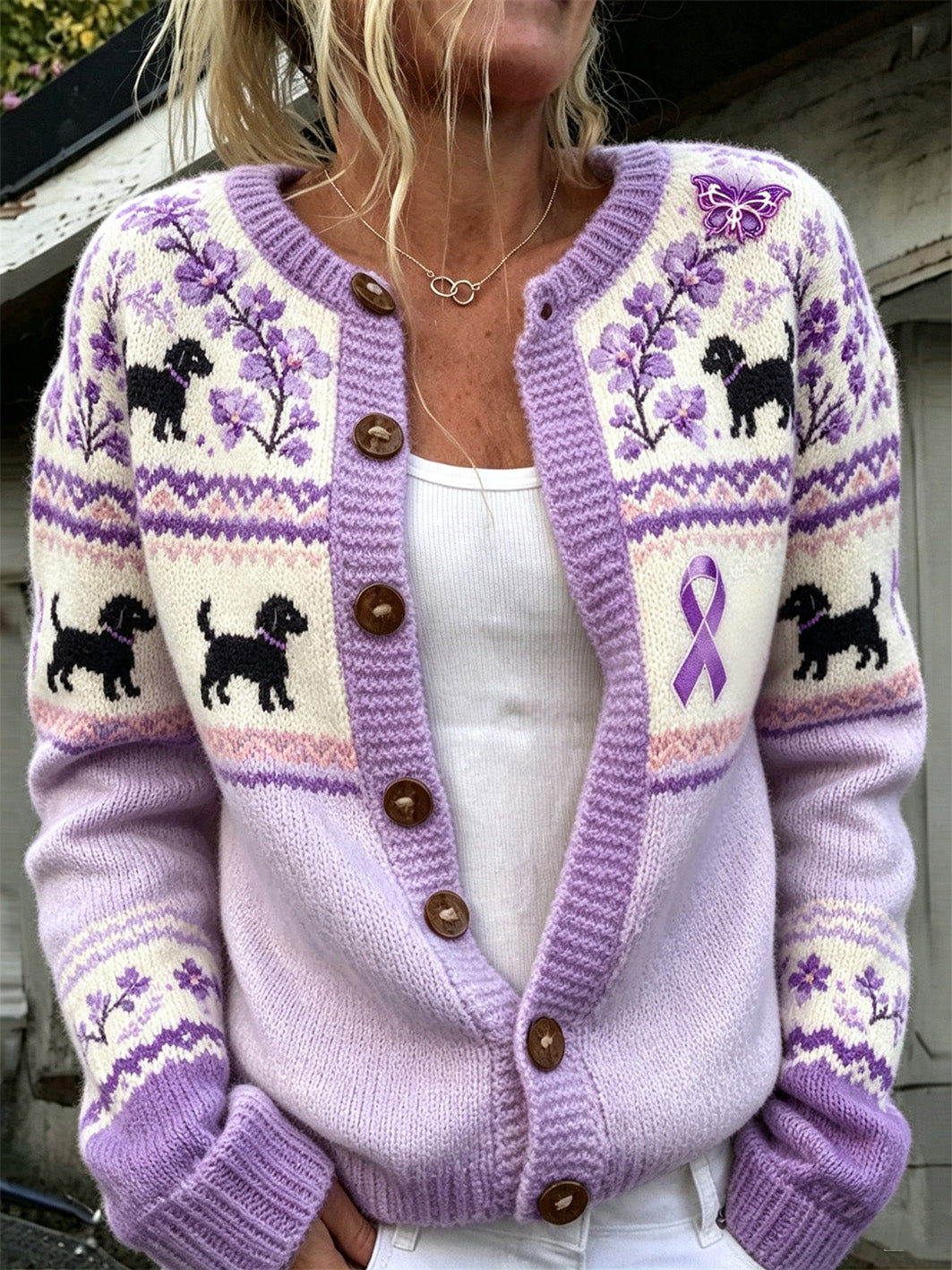 Women's cute dog with purple charity ribbon pattern printed casual cardigan