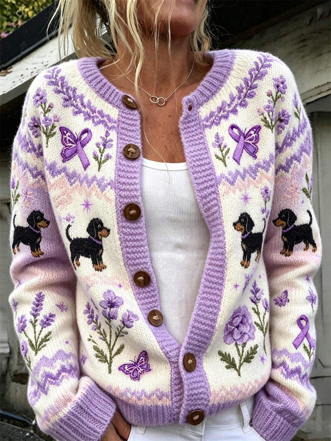 Women's cute dog with purple charity ribbon pattern printed casual cardigan
