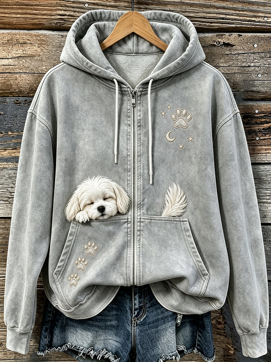 Women's Cute Sleeping Maltese & Paws Print Cozy Zip-Up Hoodie