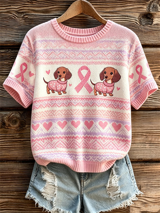 Women's cute dog and pink charity ribbon pattern printed casual top