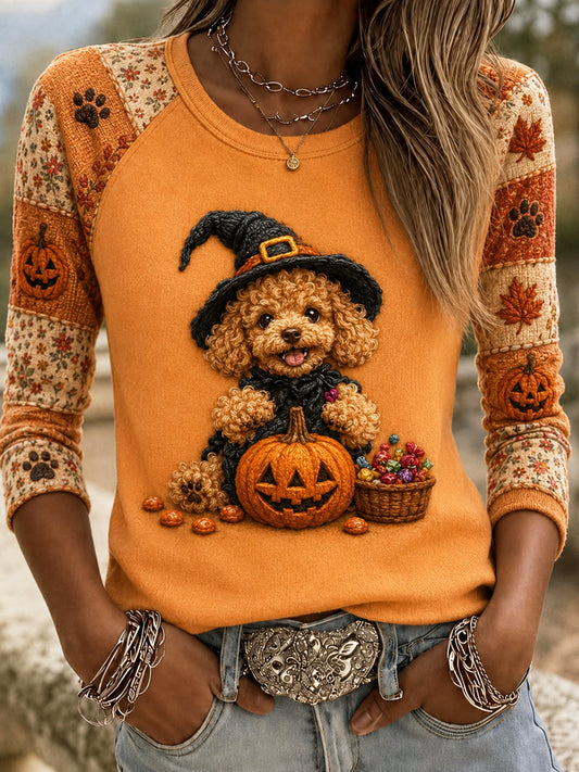 Women's Halloween Cute Pet Printed Raglan Sleeve T-shirt