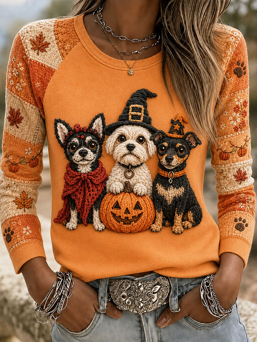 Women's Halloween Cute Pet Printed Raglan Sleeve T-shirt