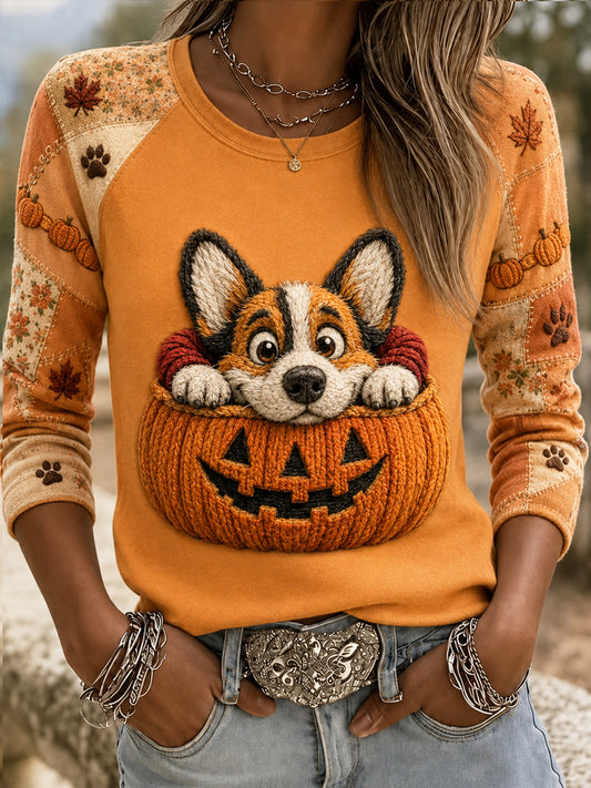 Women's Halloween Cute Pet Printed Raglan Sleeve T-shirt