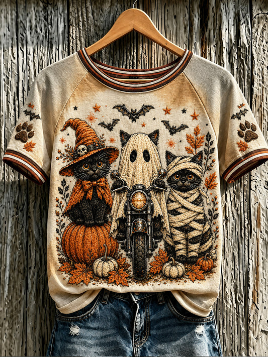 Women's Halloween Animals Cat Printed Vintage Fashion Loose Short Sleeve T-Shirt