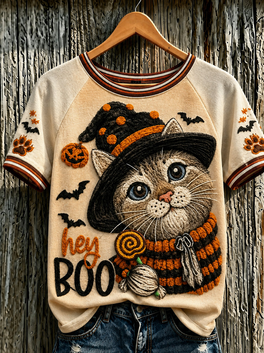 Women's Halloween Animals Cat Printed Vintage Fashion Loose Short Sleeve T-Shirt