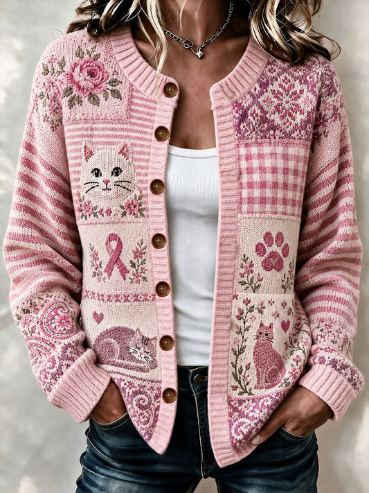 Women's Pink Cat Print Cardigan
