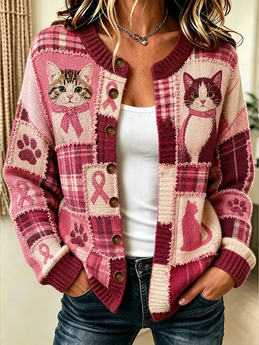 Women's Pink Cat Print Cardigan