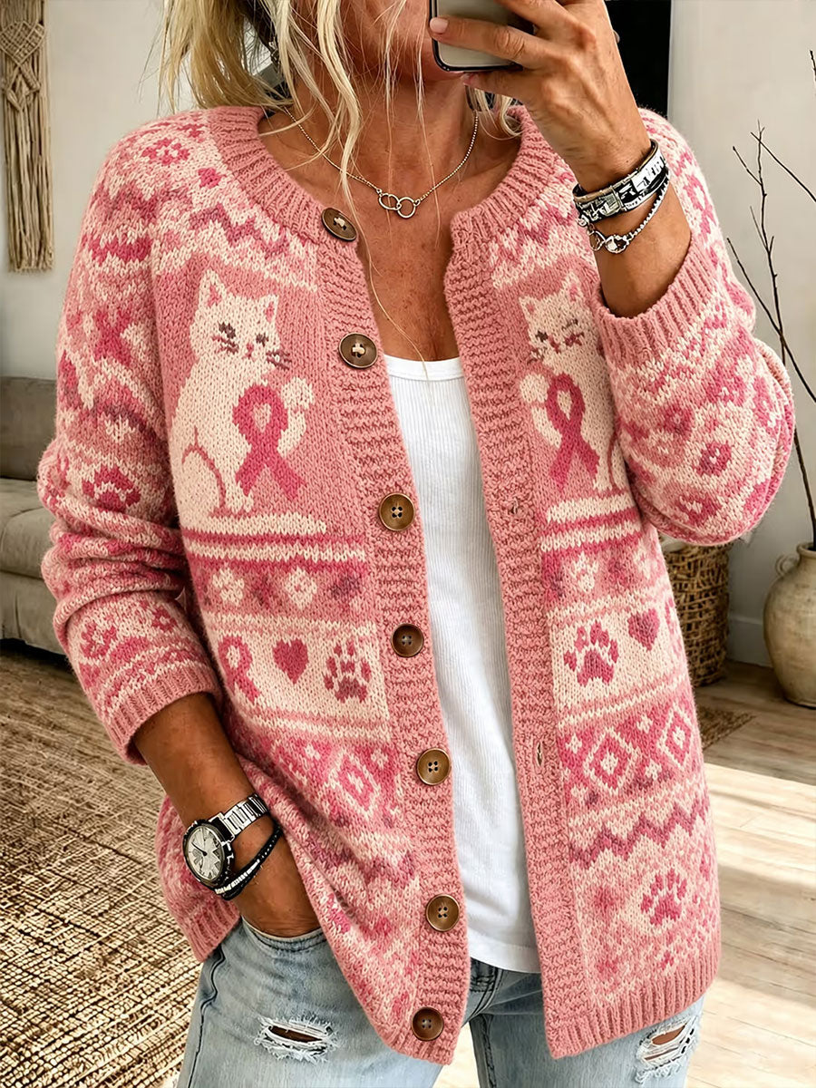 Women's Pink Cat Print Cardigan
