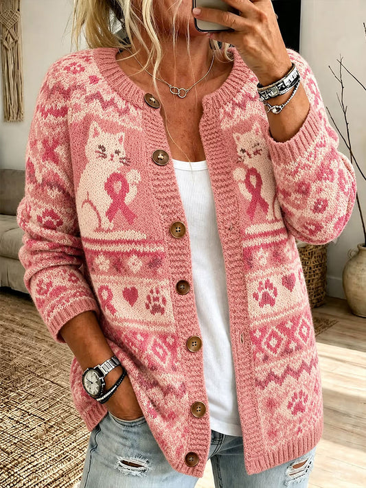 Women's Pink Cat Print Cardigan