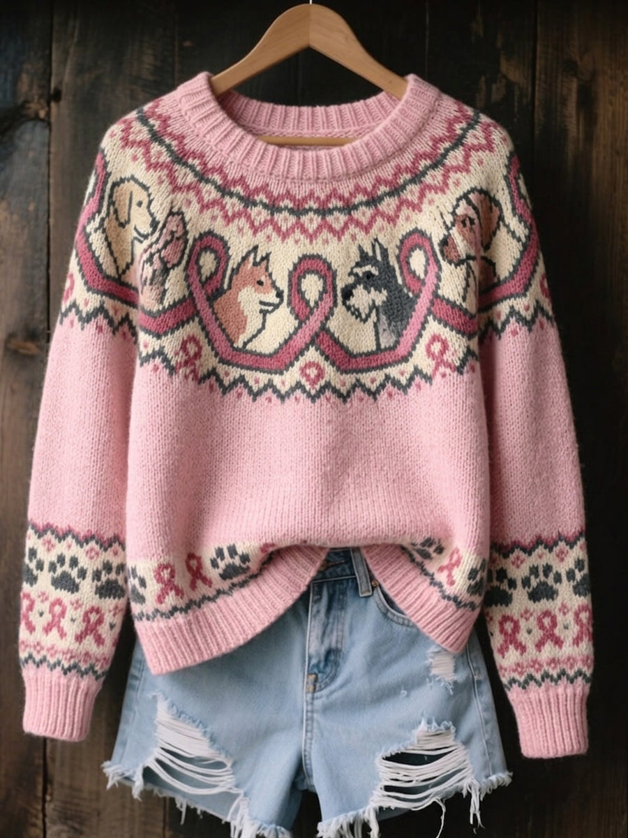 Women's Vintage Pink Ribbon & Dog Paws Isle Pattern Print Cozy Sweater