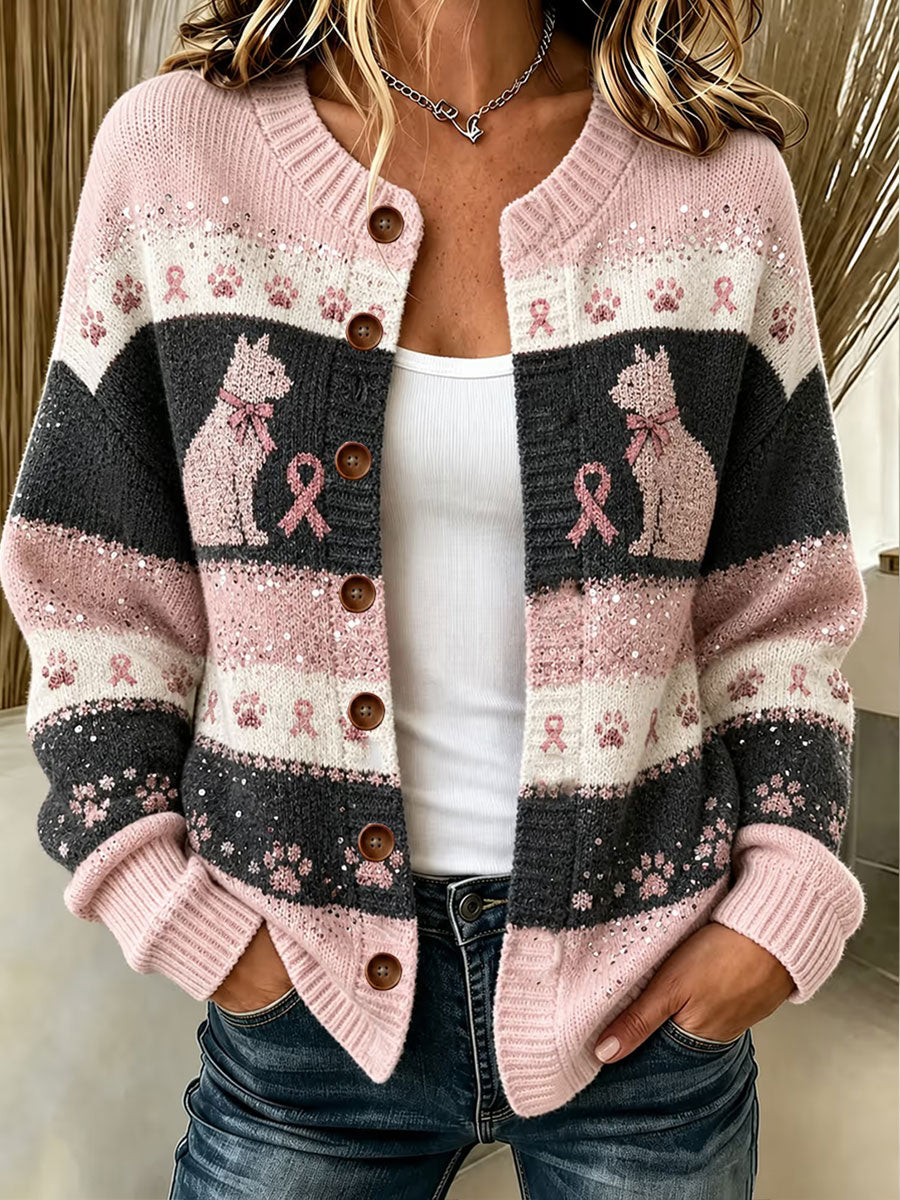 Women's Pink Cat Print Cardigan