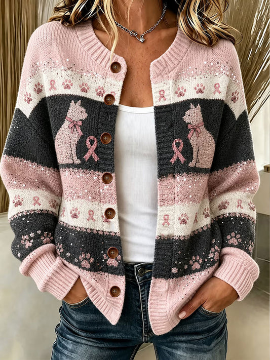Women's Pink Cat Print Cardigan