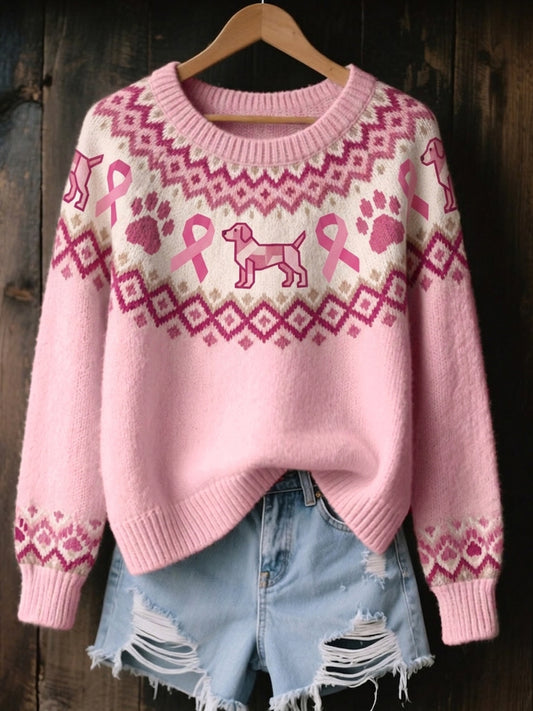 Women's Vintage Pink Ribbon & Dog Paws Isle Pattern Print Cozy Sweater