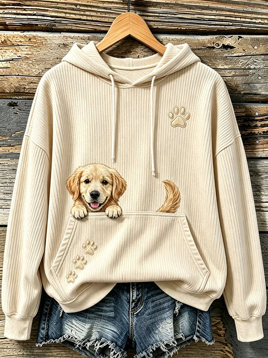 Women's Cute Peeking Golden Retriever & Paws Print Cozy Hooded Sweater