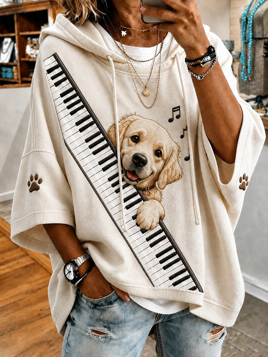Women's cute dog playing piano pattern design casual short-sleeve hoodie