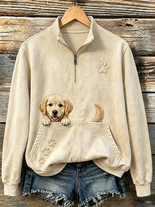 Women's Cute Peeking Golden Retriever & Paws Print Casual 1/4 Zipper Sweatshirt