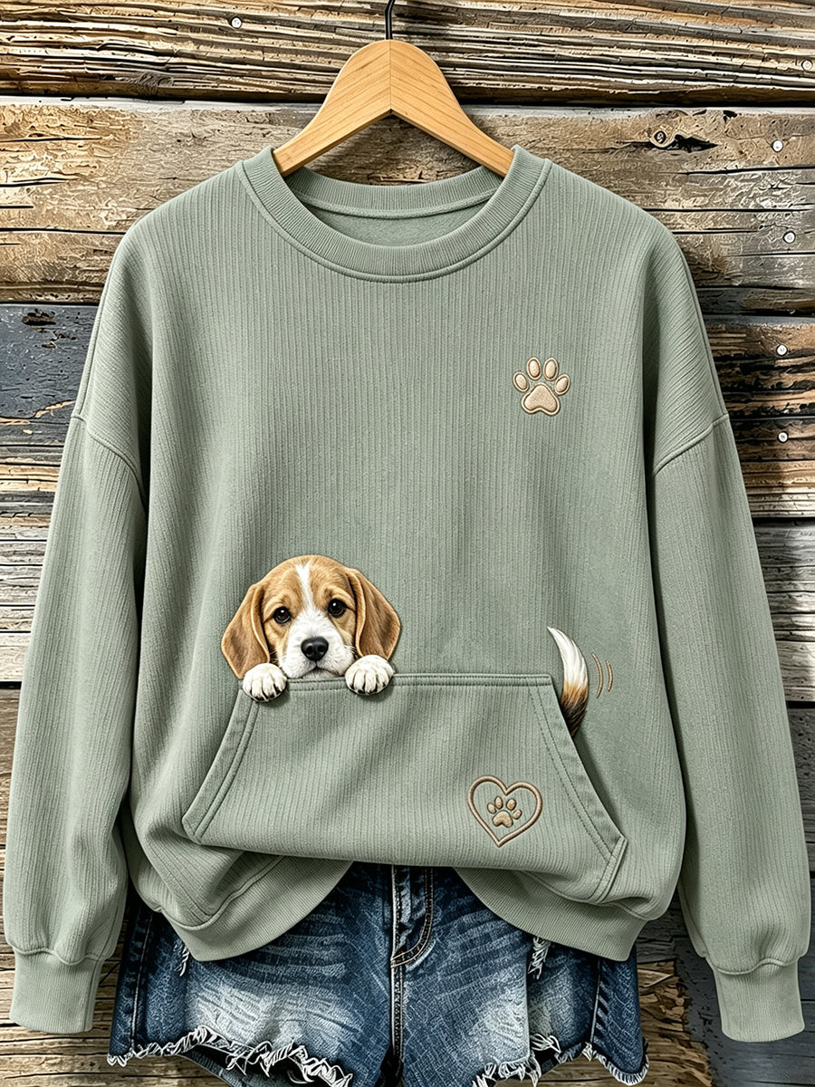 Women's Cute Peeking Beagle & Paws Print Round-Neck Sweatshirt