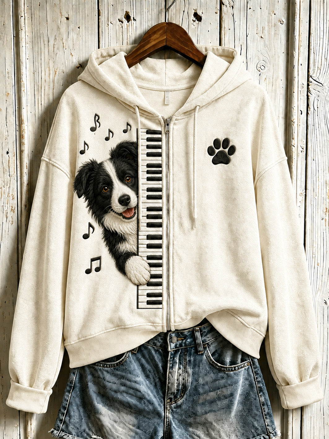 Women's cute dog playing piano pattern design casual zip-up hoodie