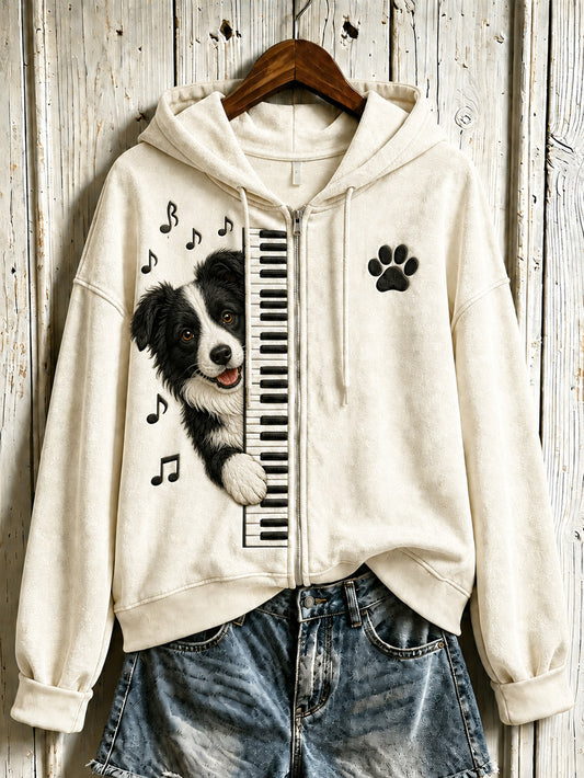 Women's cute dog playing piano pattern design casual zip-up hoodie