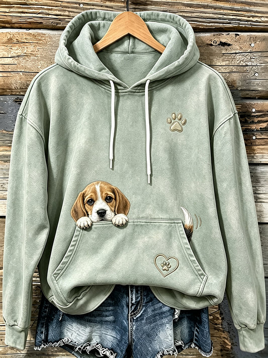 Women's Cute Peeking Beagle & Paws Print Comfy Hoodie