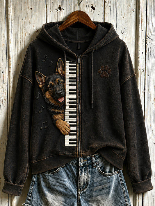 Women's cute dog playing piano pattern design casual zip-up hoodie