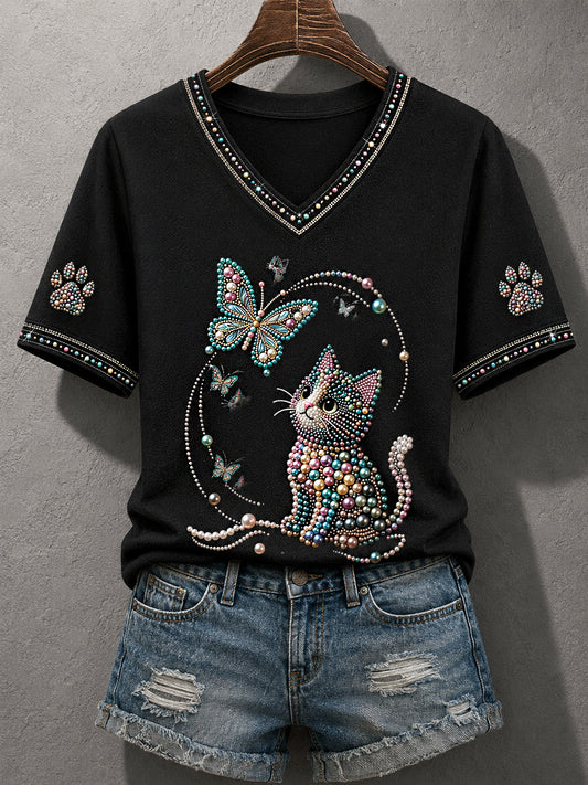 Women's Cute Cat Print Cat Lovers Causal V-Neck Tee