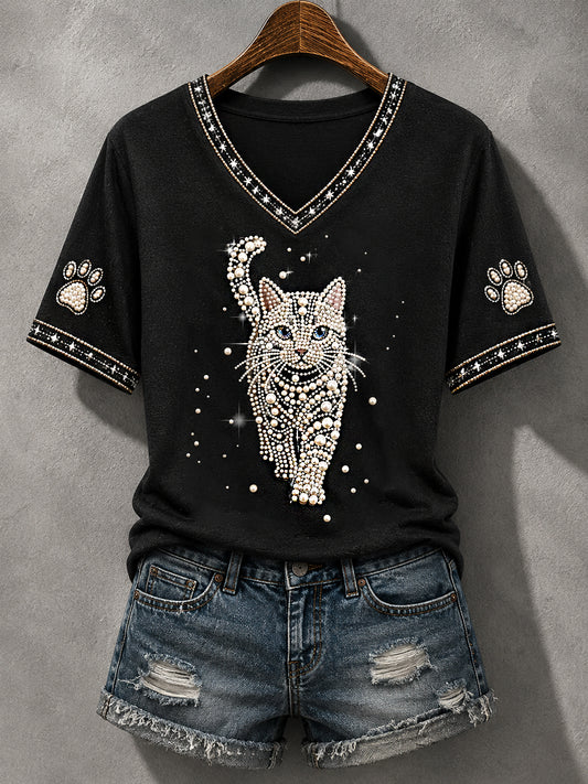 Women's Cat Print Cat Lovers Causal V-Neck Tee