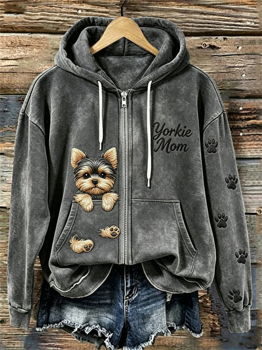 Women's Peeking Yorkshire Dog Yorkie Mom Paw Prints Full Zip Hoodie