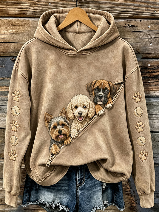 Women's Vintage Cute Peeking Dogs & Paws Print Comfy Hoodie